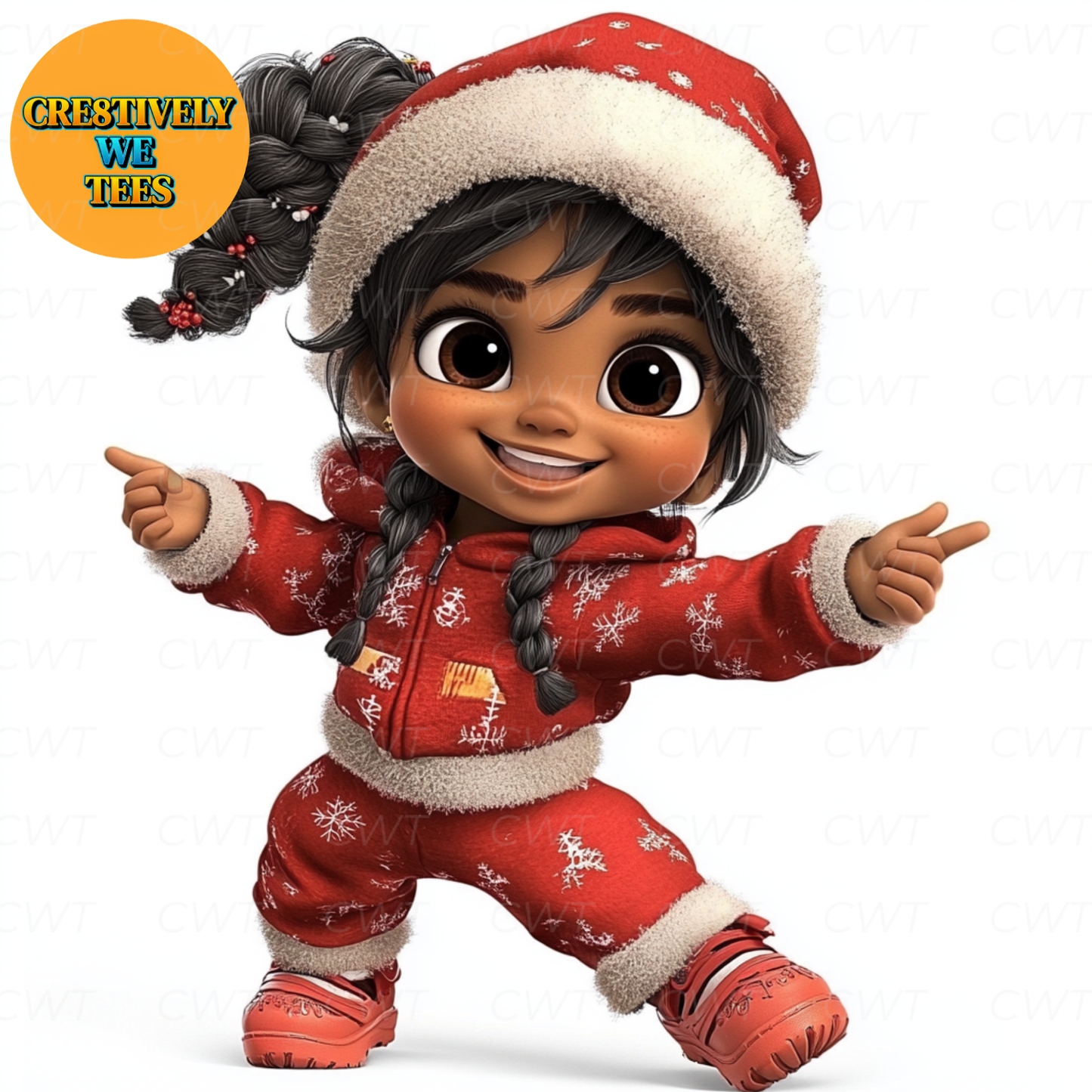 Adorable cartoon child in a Santa outfit with braided hair, spreading holiday cheer in the Christmas Whimsy Bundle.