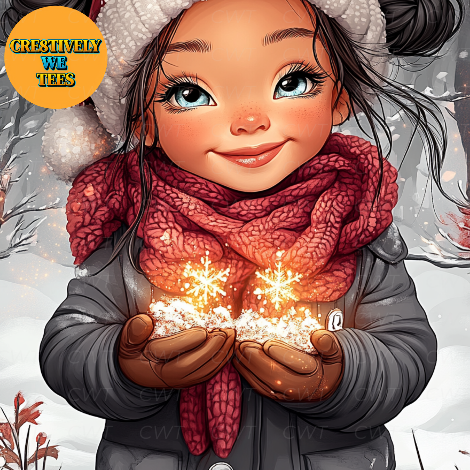 Smiling child holding glowing snowflakes, wrapped in a cozy scarf and winter coat in a festive Christmas scene.