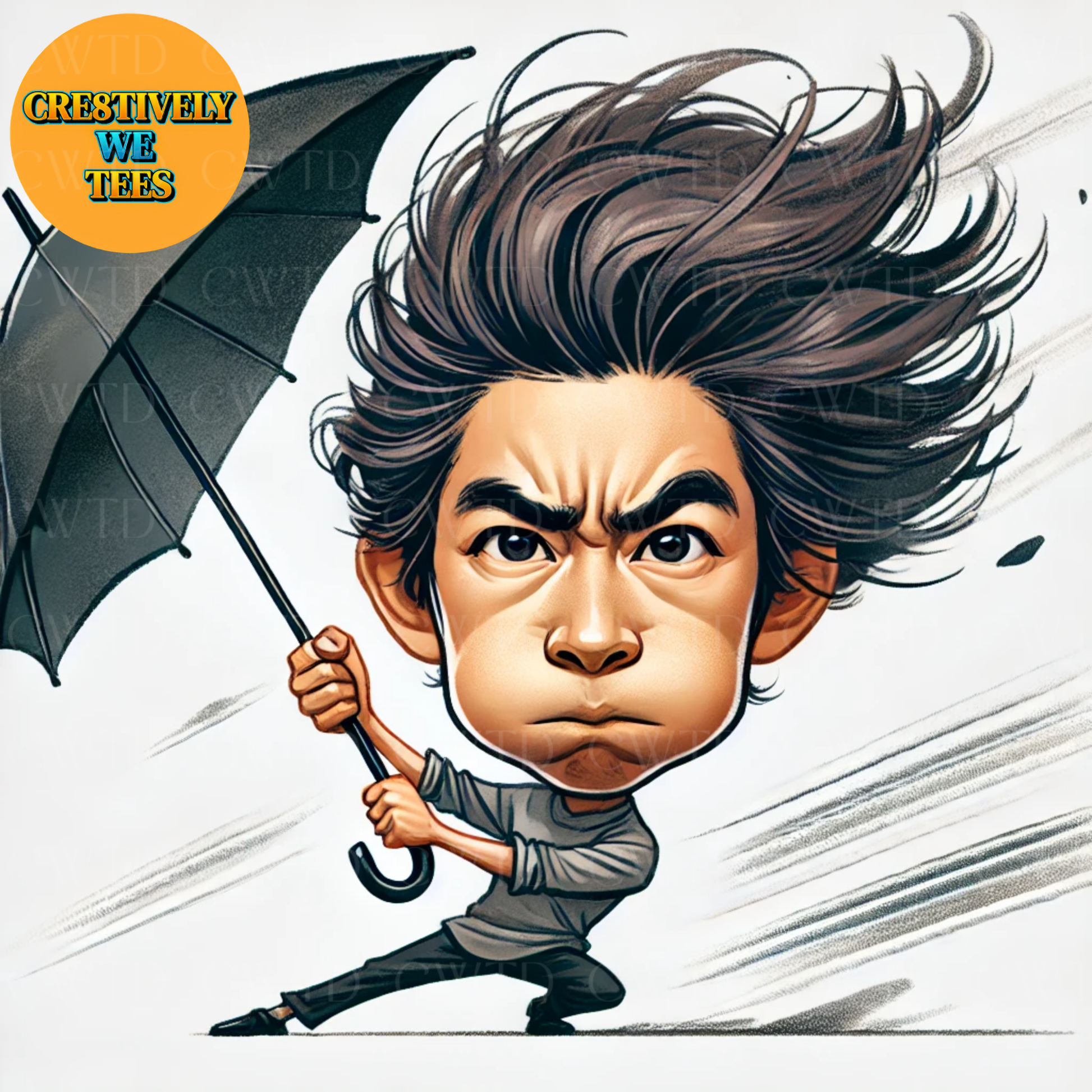 A windswept character holding an umbrella against the storm, showcasing expressive posing ideas for AI artists.