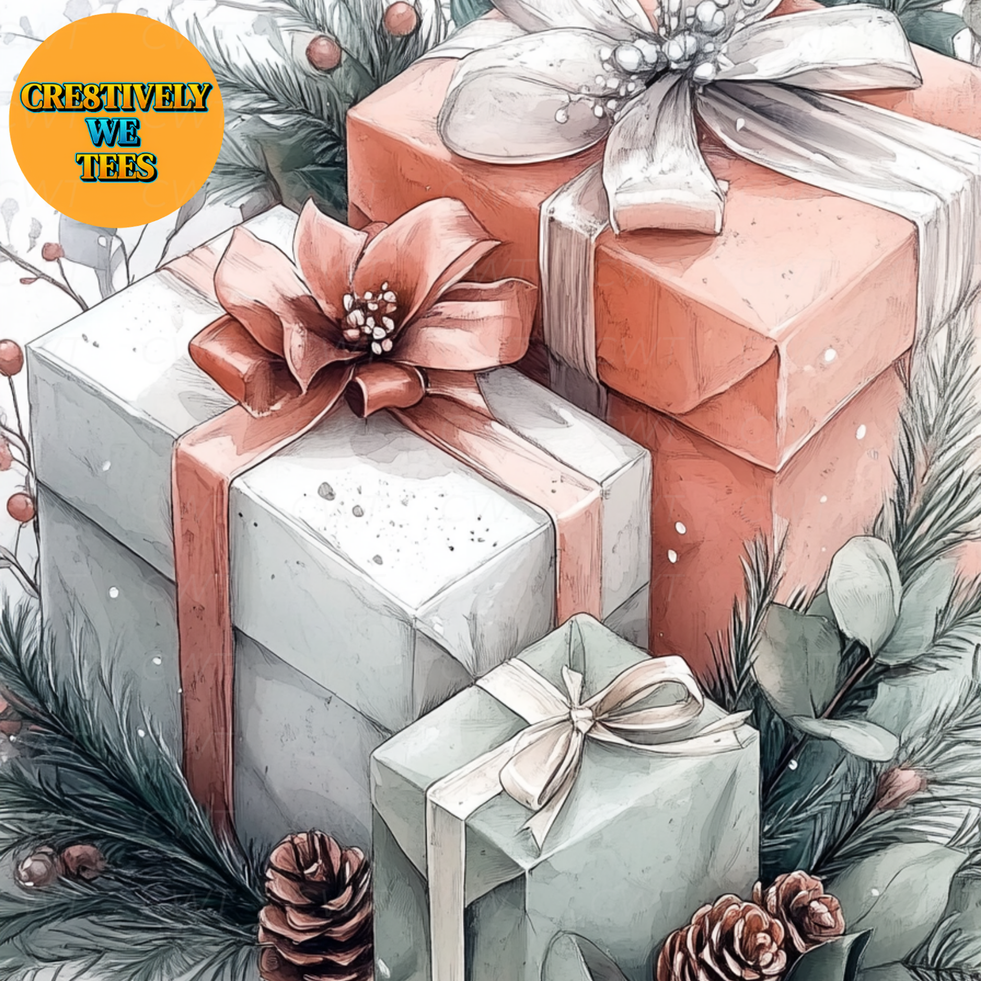 Elegantly wrapped Christmas gift boxes adorned with bows and greenery, a seasonal highlight of the Whimsy Mega Bundle.