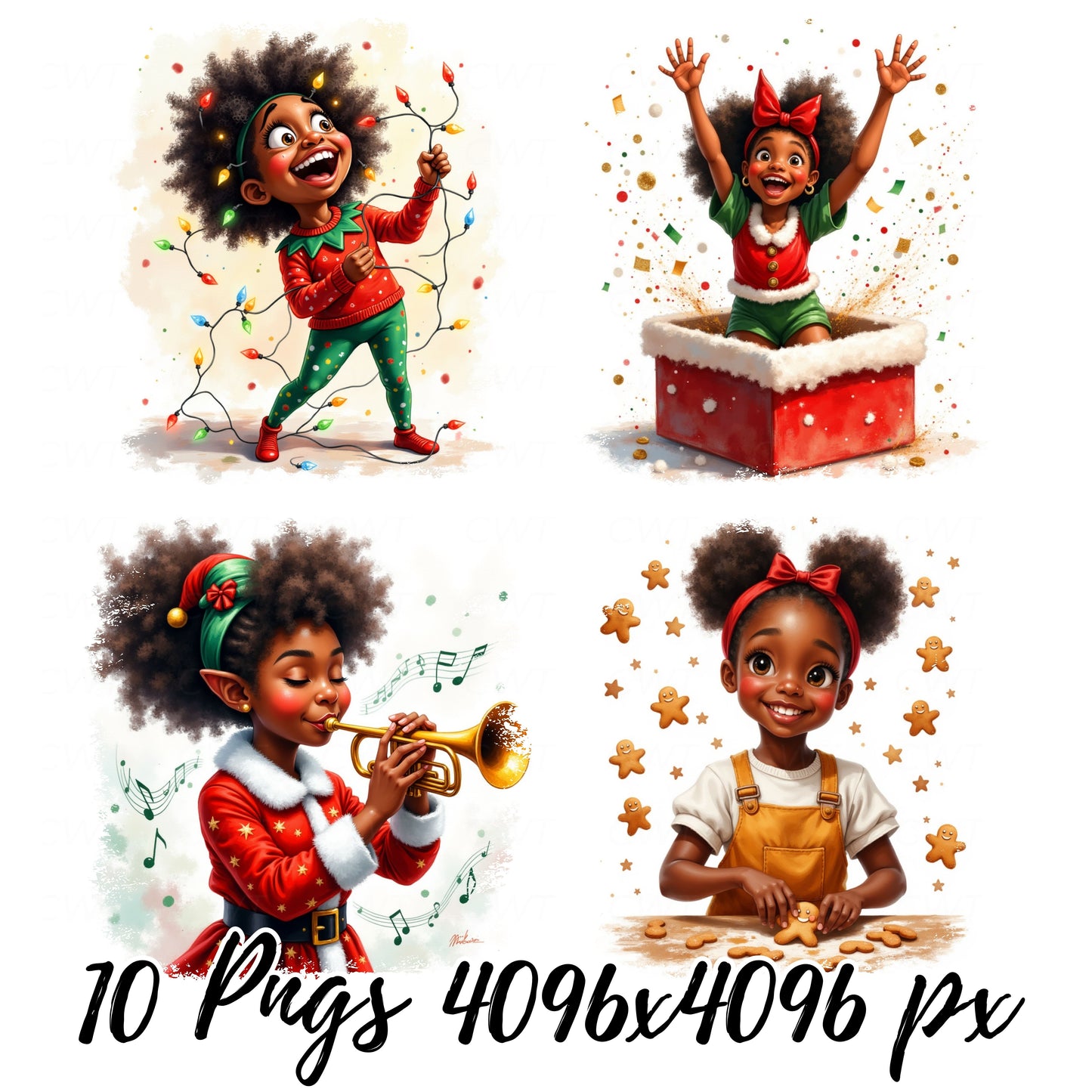 Preview showing four Afrocentric Christmas illustrations featuring Black girls decorating, baking, and playing music. Part of the Black Girl Christmas Cheer Whimsical Digital Collection.