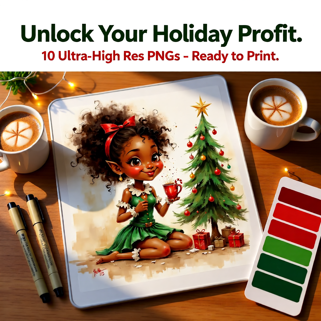 Illustration of a Black girl in green dress holding cocoa beside a Christmas tree, displayed on iPad with coffee and art supplies on wooden table.