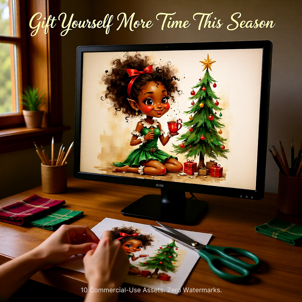Afrocentric Christmas artwork of Black girl beside Christmas tree displayed on computer screen and printed sheet in cozy workspace setting.