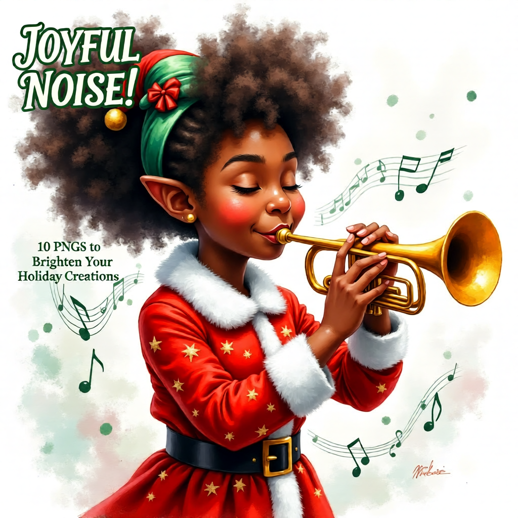 Afrocentric Christmas art of a Black girl dressed as an elf playing trumpet with music notes, from the Black Girl Christmas Cheer Whimsical Digital Collection.