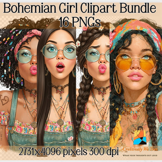Bohemian Girl Clipart Bundle, Hippie PNG Images