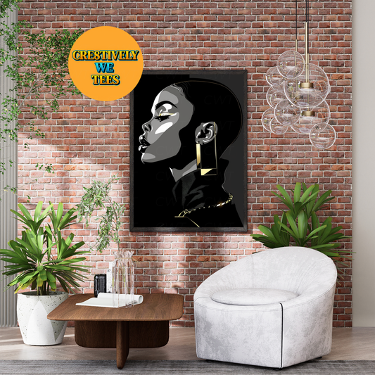 Bold Grace wall art print featuring a modern Black woman in profile, adorned with gold hoop earrings against a solid black background. Available as an unframed print in multiple sizes.
