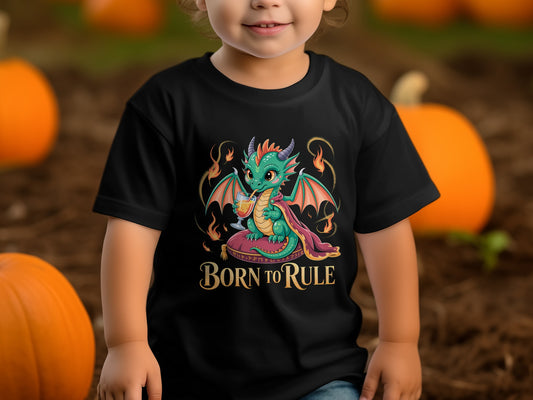child wearing black t-shirt with Born to Rule Dragon Design 