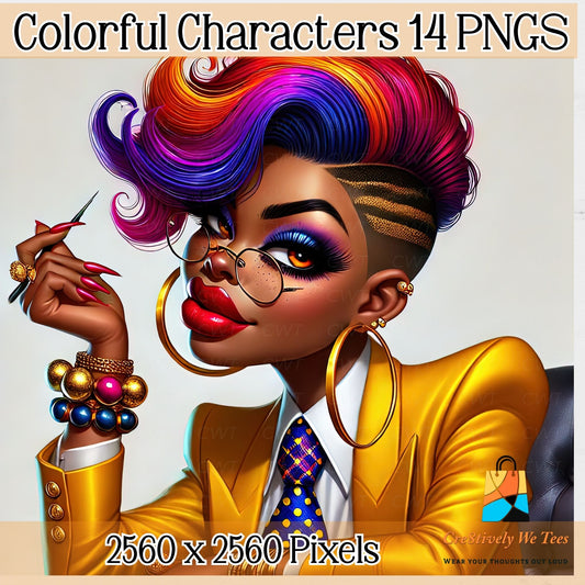 Colorful character with vibrant hair and stylish outfit, featuring 'Creatively We Tees' logo.