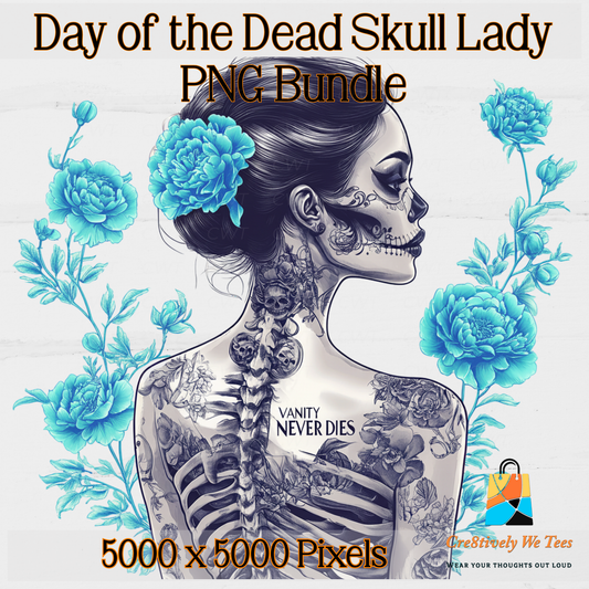Illustration of a skull lady with blue flowers and 'Vanity Never Dies' text, with branding at the bottom.