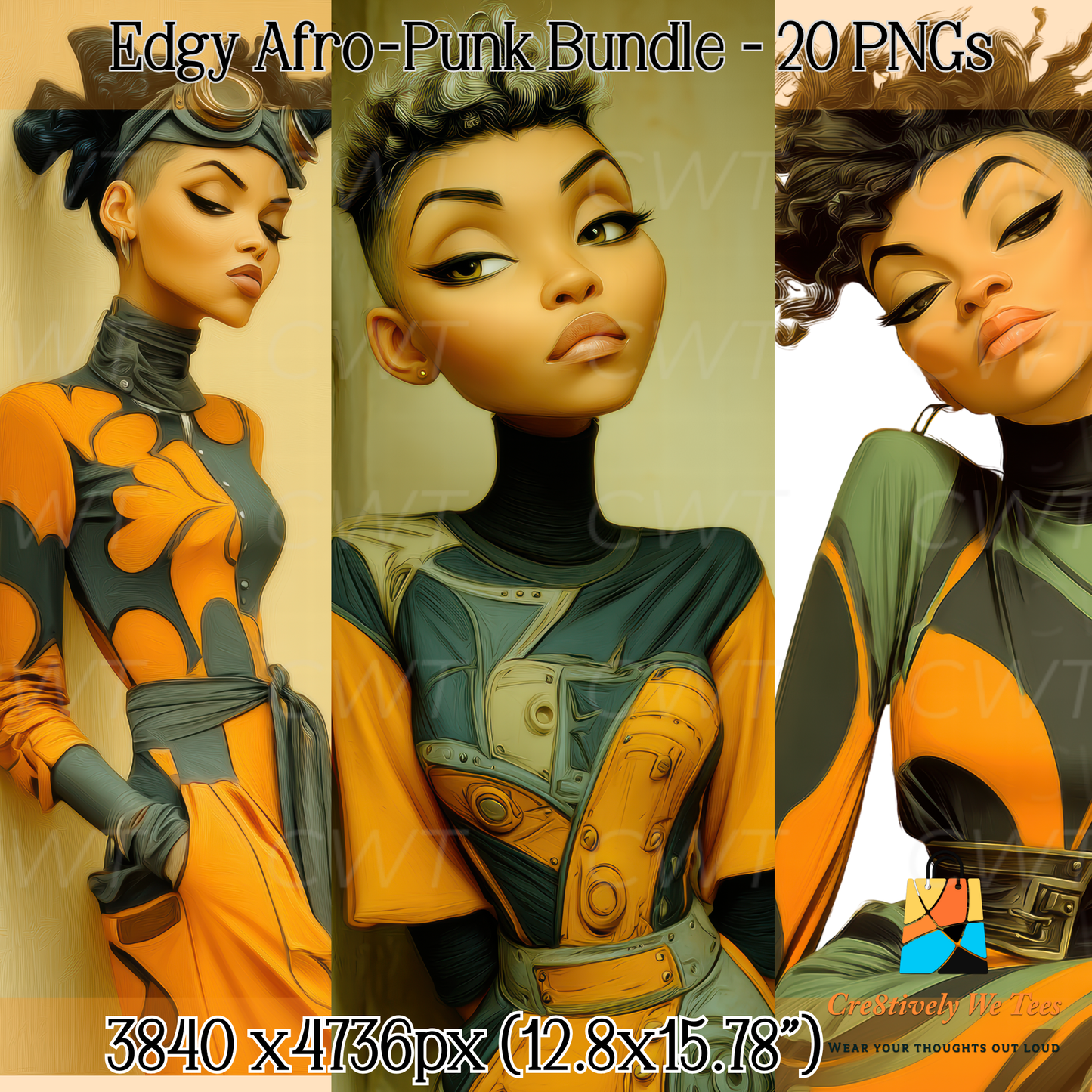 Three stylized characters in futuristic outfits with 'Edgy Afro-Punk Bundle' text.