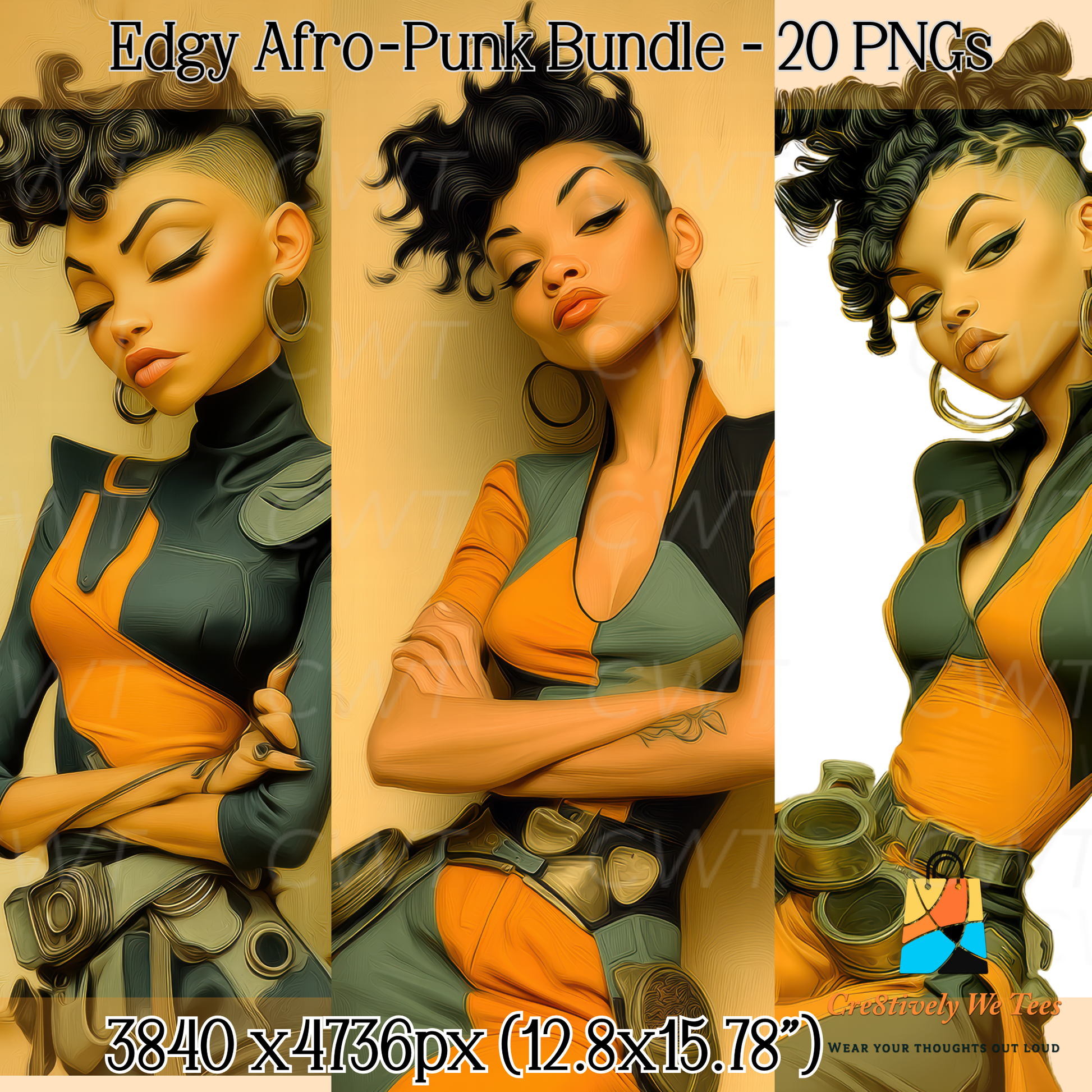Three images of a stylized woman with an edgy afro-punk look, featuring text about a 'Edgy Afro-Punk Bundle'.