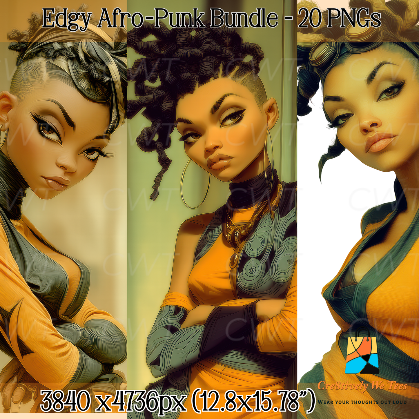 Illustration of 3 different women with stylized hair and orange outfits, part of an 'Edgy Afro-Punk Bundle' with 20 PNGs.