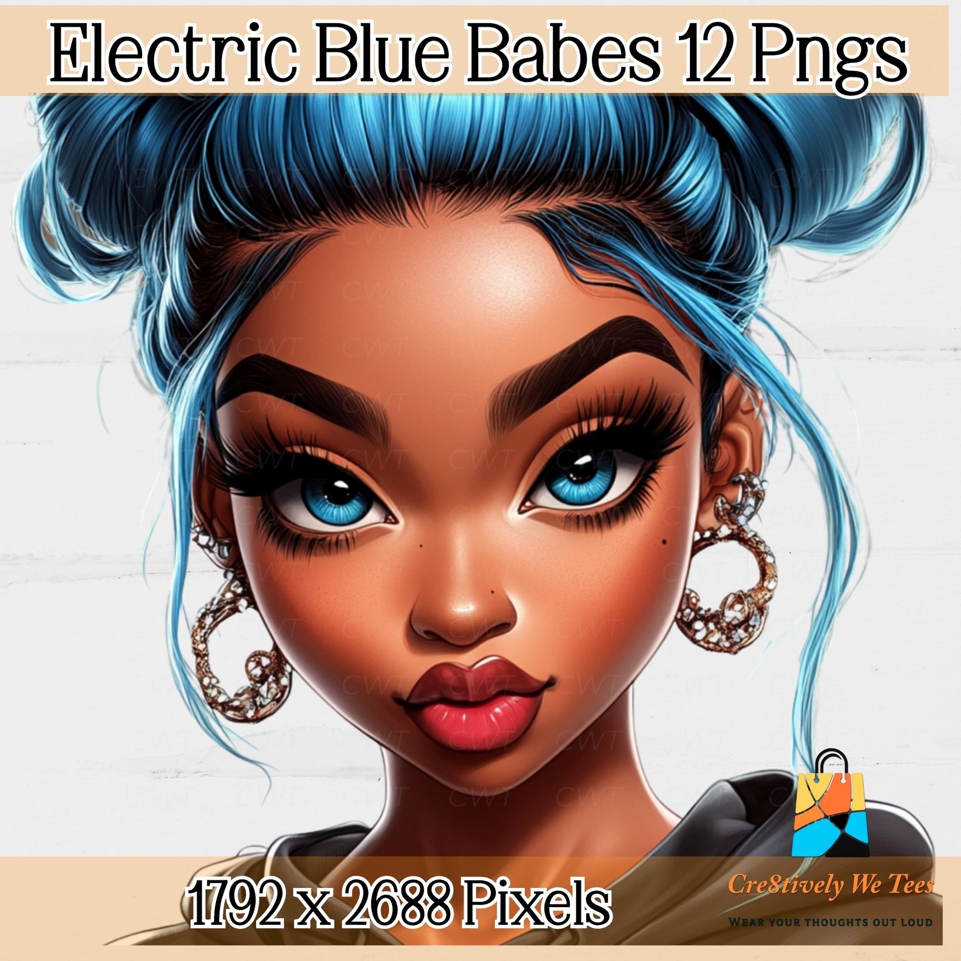 Illustration of a woman with blue hair and jewelry, labeled 'Electric Blue Babes 12 Pngs'.