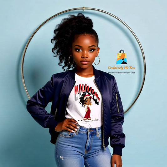 A young Black girl with curly hair in a ponytail wearing a white Falala-la-Naw t-shirt styled with a navy jacket and jeans, standing confidently in front of a circular modern frame.