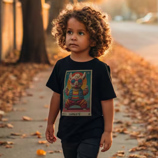 Child wearing a black t-shirt with a colorful Alpaca wearing colorful clothing and striking a yoga pose.