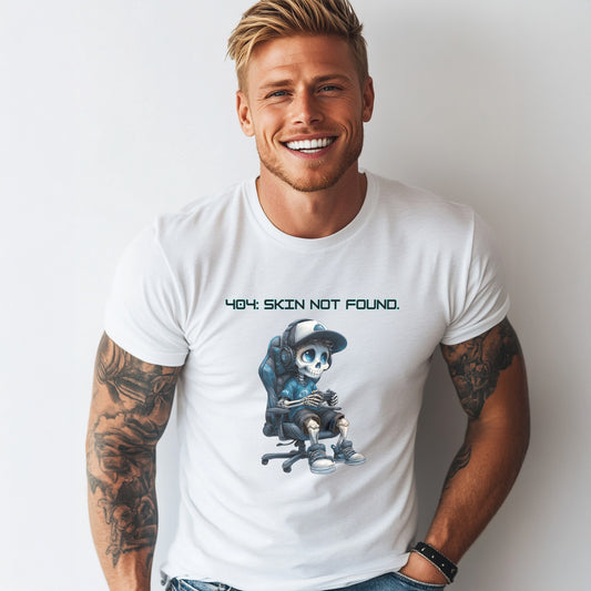 Smiling man wearing a white t-shirt with a funny skeleton gamer graphic and “404: Skin Not Found” text; perfect gift idea for gamers, streamers, and meme lovers.