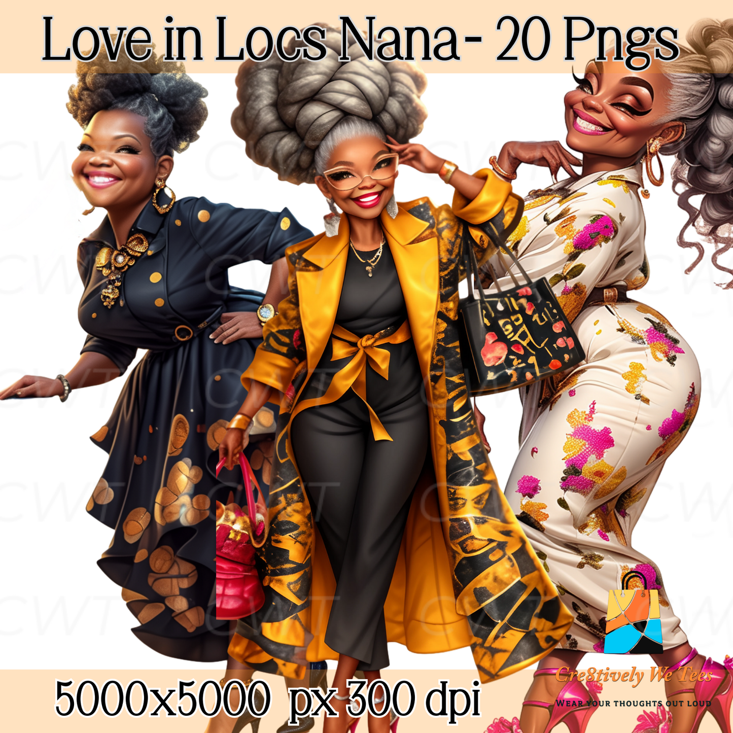 Three stylish Black grandmothers with locs in colorful, patterned outfits. Each character is full of personality, perfect for sublimation, digital crafts, and apparel.
