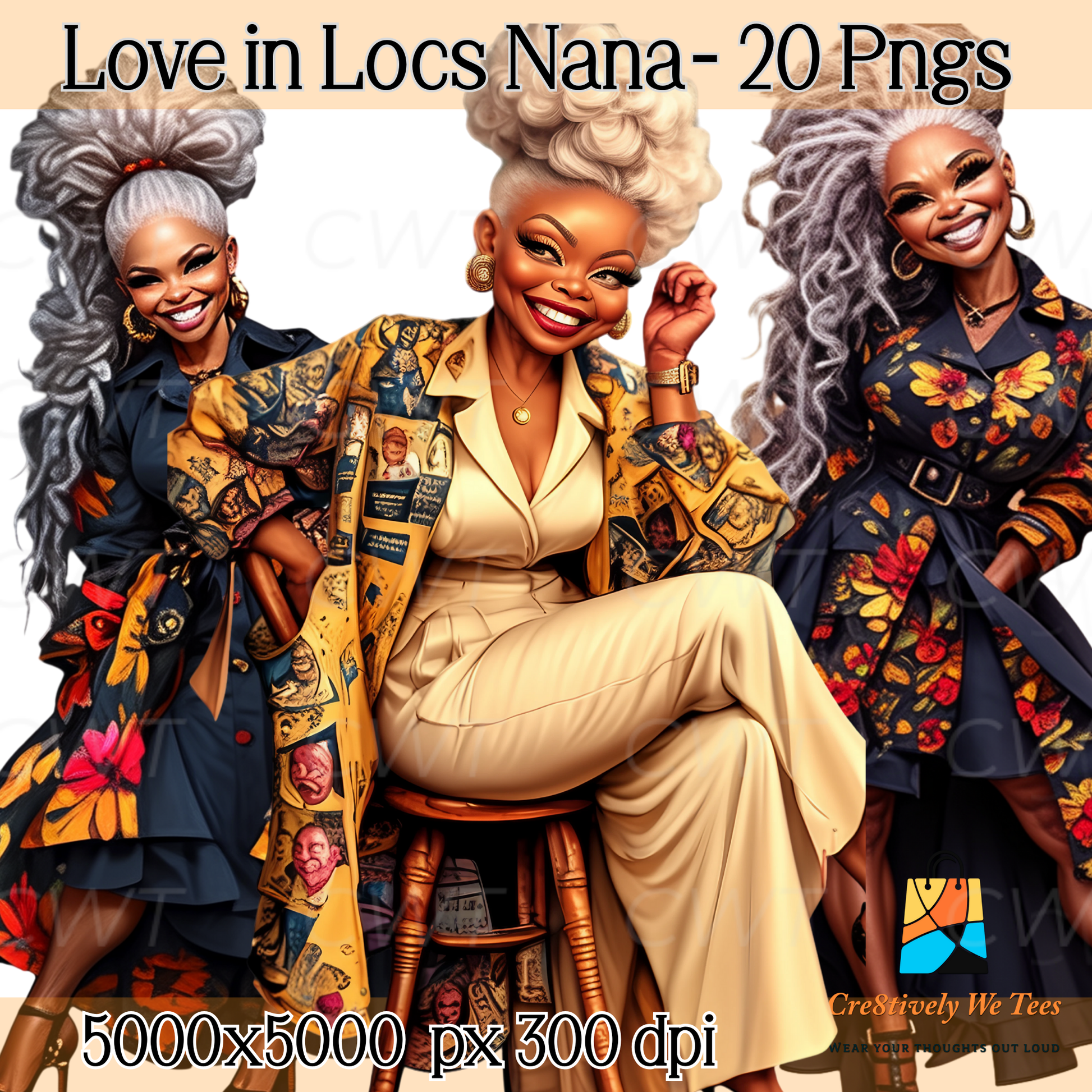 A trio of fashionable Black women with gray locs in bold, printed dresses and accessories. Fun, vibrant clipart for creative projects and print-on-demand designs.