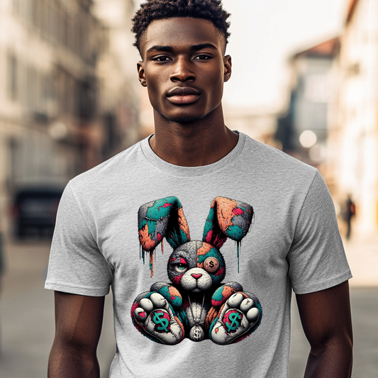 Man wearing gray Money Bunny Street Style Unisex Graphic Tee featuring bold dripping cartoon bunny with dollar sign paws.