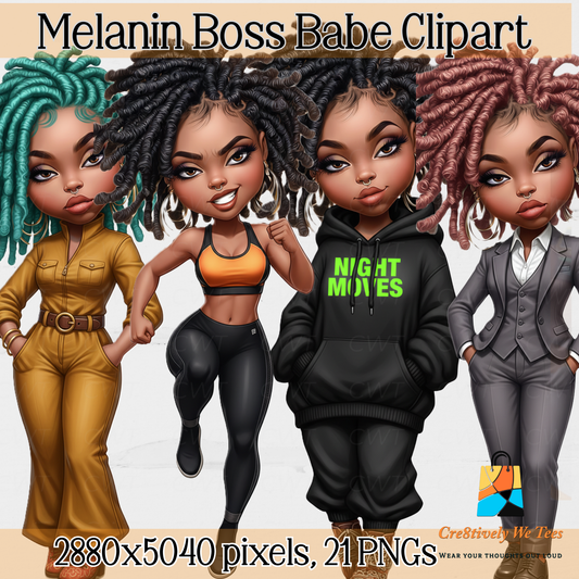 Four animated African American characters with different loc'd hairstyles and outfits on a beige background, labeled 'Melanin Boss Babe Clipart'.