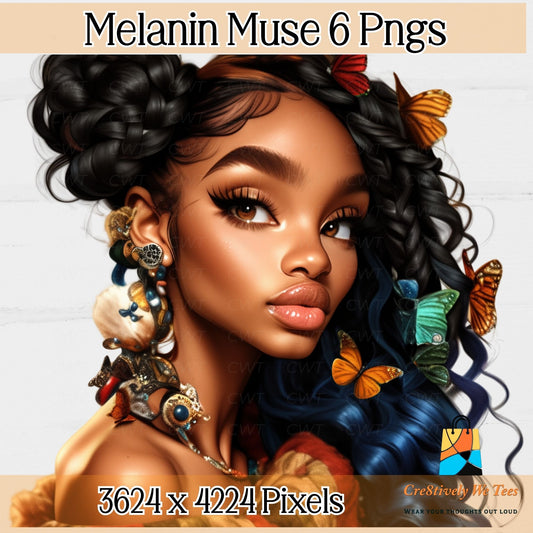 Illustration of a woman with elaborate hair and accessories, surrounded by butterflies, with 'Melanin Muse 6 Pngs' text at the top.
