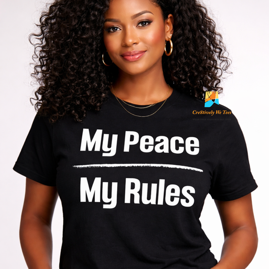 Woman wearing a black t-shirt with 'My Peace My Rules' text on a white background