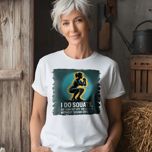 Mature woman in white t-shirt with humorous squat quote, rustic background setting

