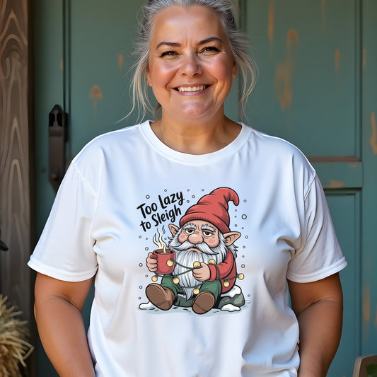 Funny Christmas gnome t-shirt with red-hat gnome holding coffee and tangled in lights