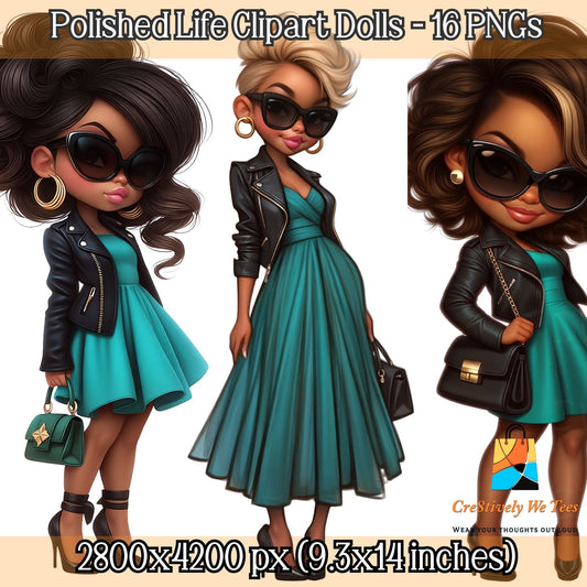 Full-body fashion doll illustration of a stylish Black woman with polished hair, modern outfit, and confident pose. High-resolution PNG clipart with transparent background, designed for planners, stickers, journals, and digital creative projects.