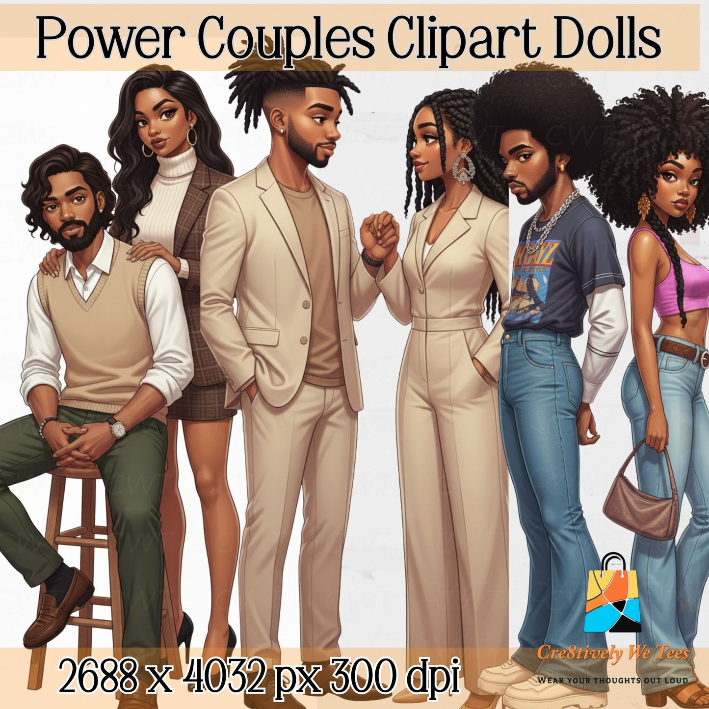 Illustrations of power couples clipart dolls with various styles and outfits on a plain background.