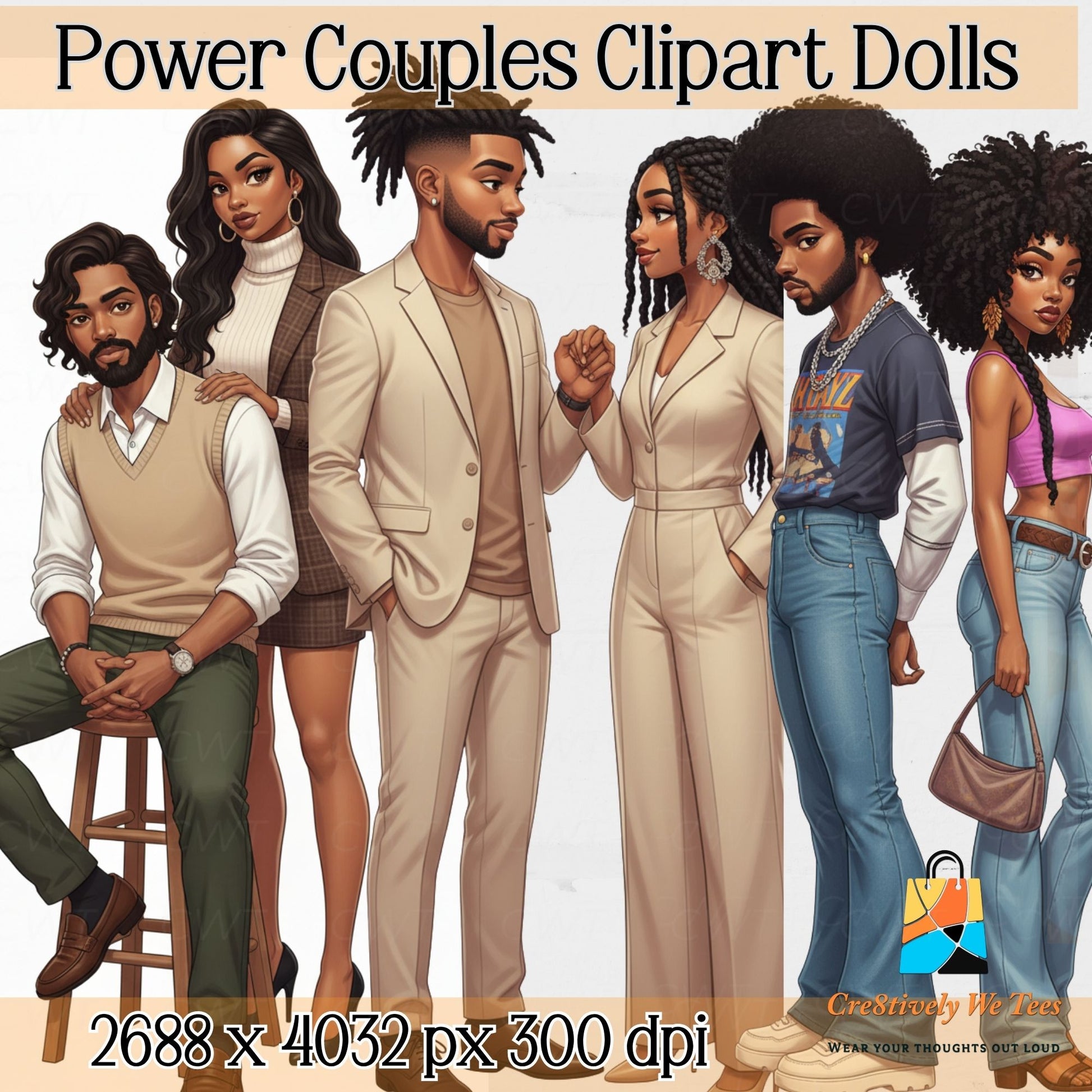 Illustrations of power couples clipart dolls with various styles and outfits on a plain background.
