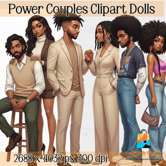 Illustrations of power couples clipart dolls with various styles and outfits on a plain background.