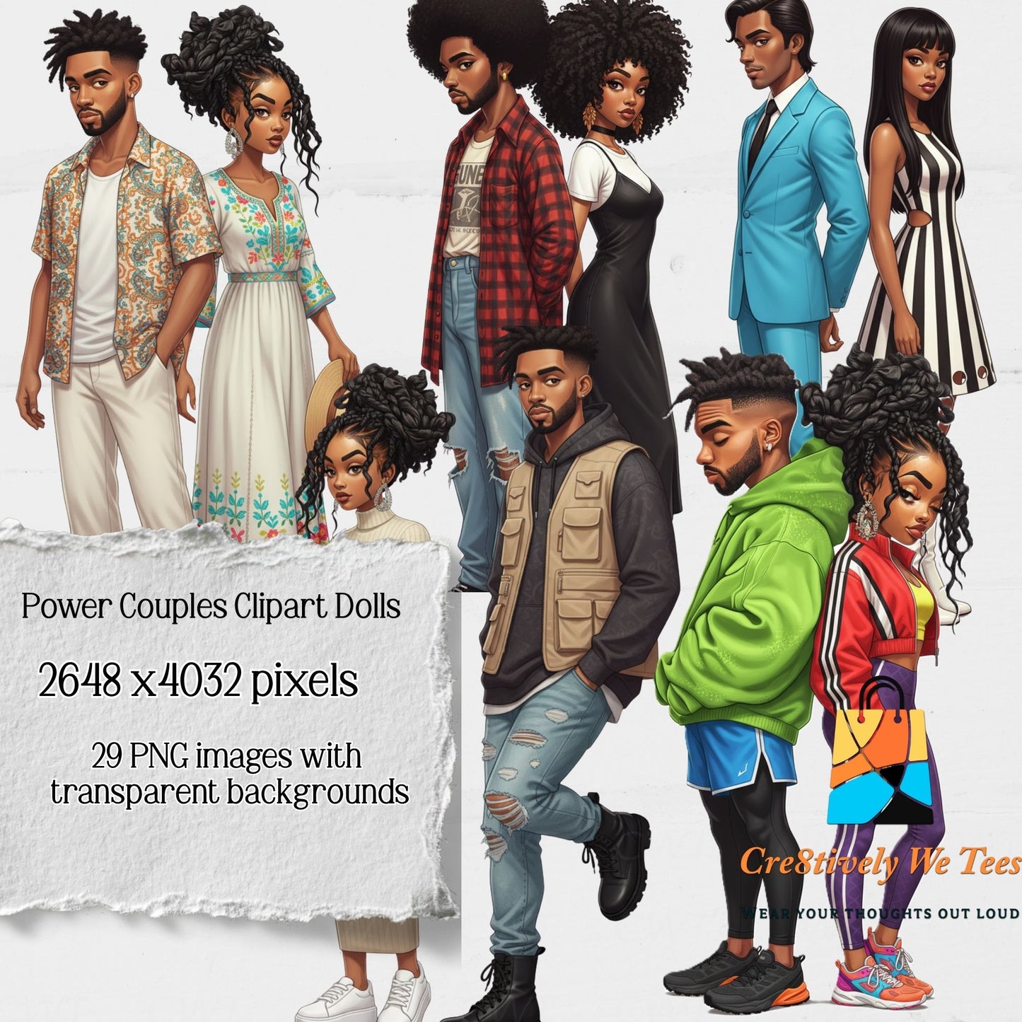 Illustrations of power couples clipart dolls with text about image dimensions (2648 x4032 pixels) and availability (29 images).