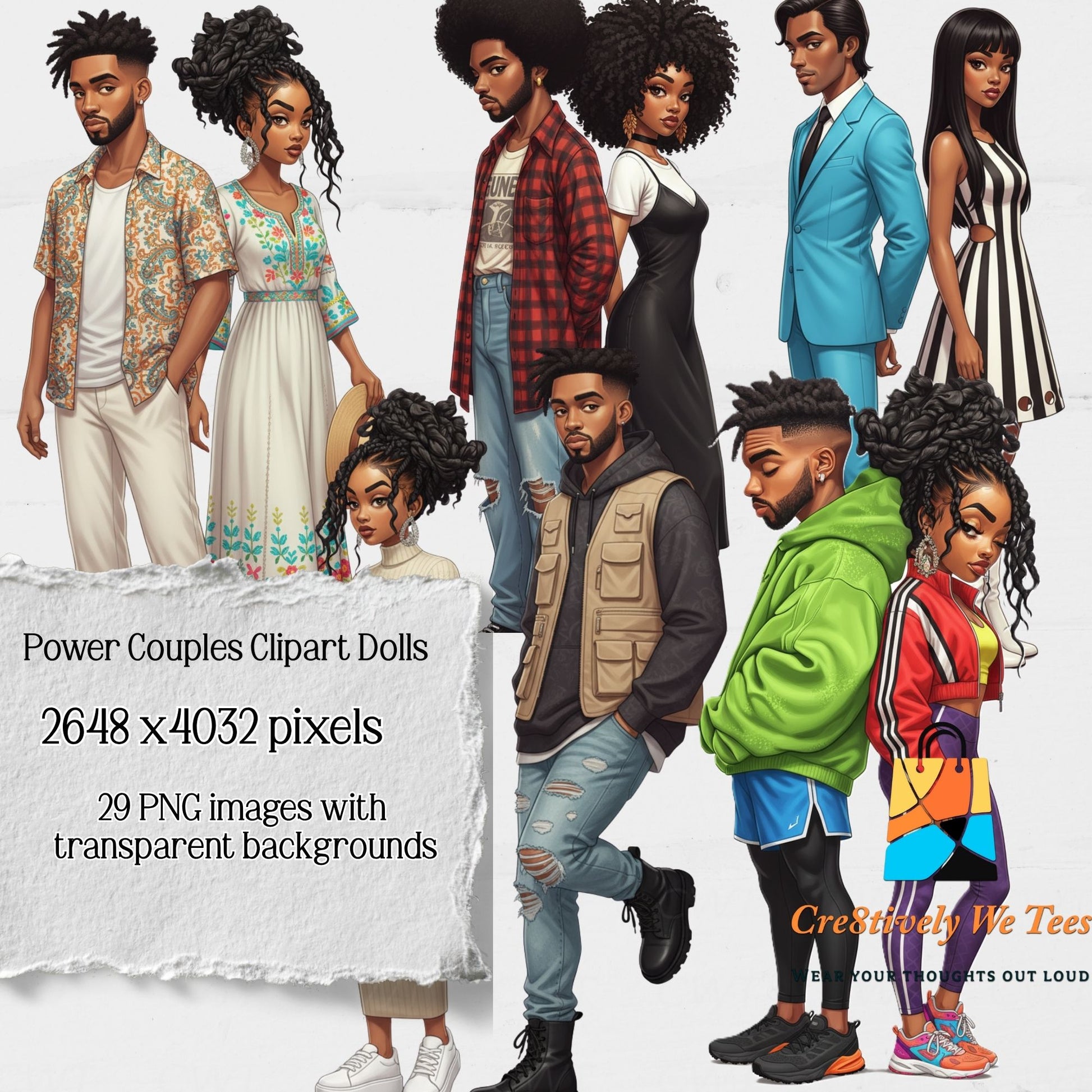 Illustrations of power couples clipart dolls with text about image dimensions (2648 x4032 pixels) and availability (29 images).