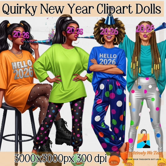 Four dolls in colorful outfits with '2026' glasses, celebrating New Year's Eve.