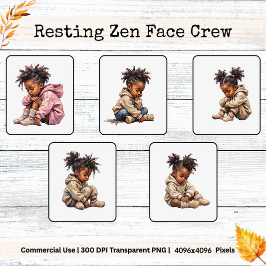 Set of five images of a child sitting wearing muted tone hoodies and clothing, labeled 'Resting Zen Face Crew'.