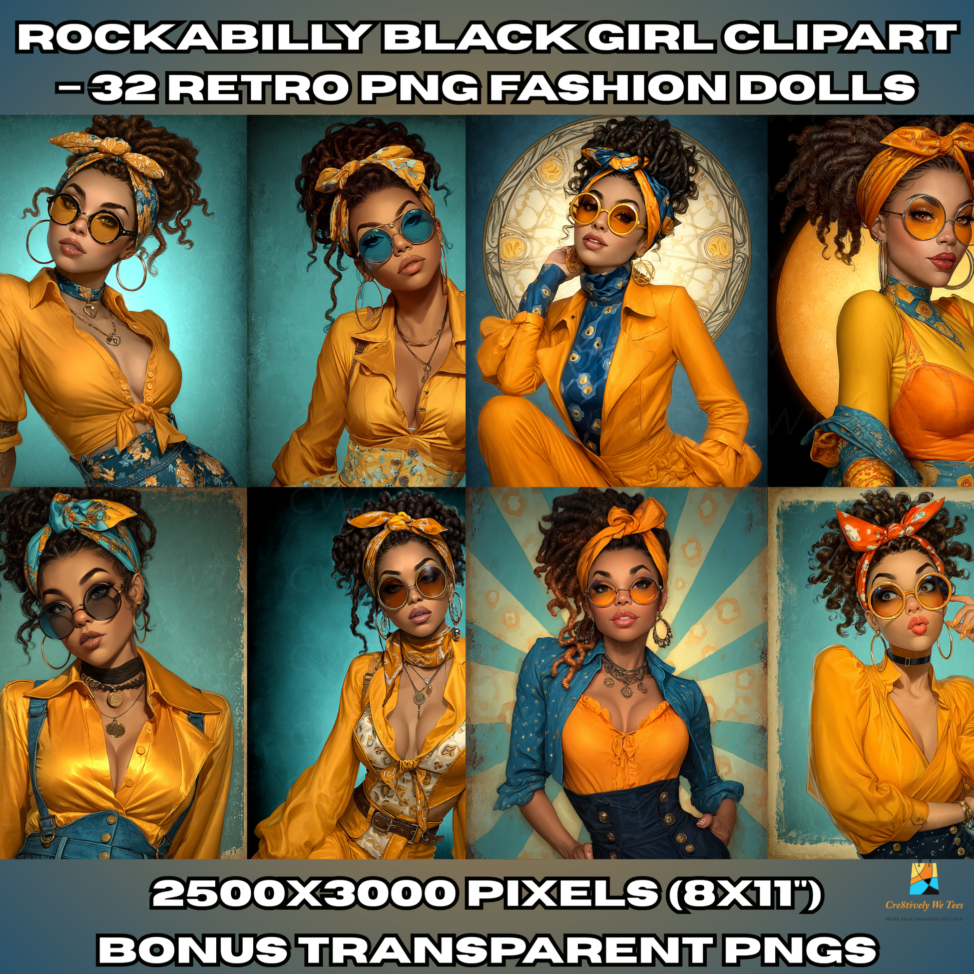 Rockabilly black girl clipart with multiple poses and outfits on a colorful background.