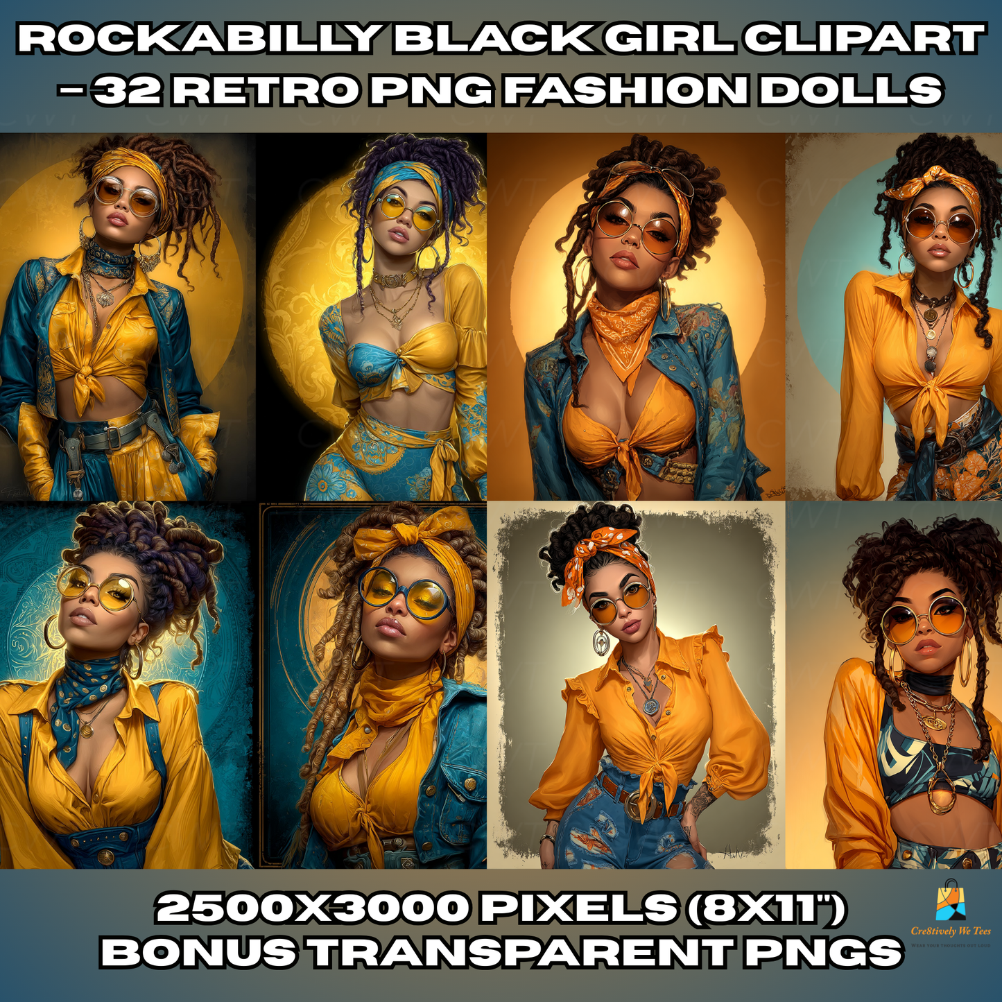 Digital collage of retro rockabilly Black women clipart in bold fashion with sunglasses, headwraps, and vintage styling — part of a 32 PNG fashion doll set.