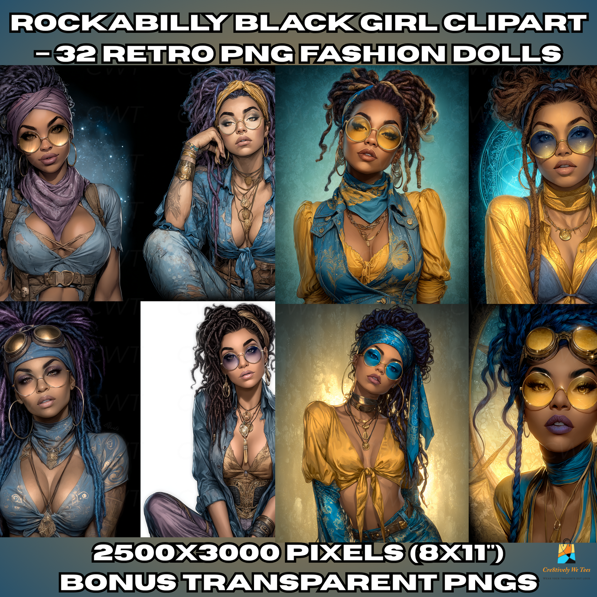 Collection of Afrocentric retro fashion illustrations in bright orange and blue tones, ideal for sublimation, scrapbooking, and digital design.