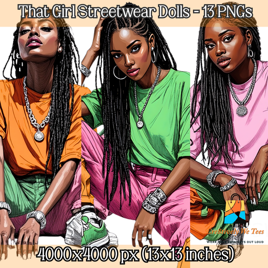 Three streetwear dolls in colorful outfits with text indicating product details.