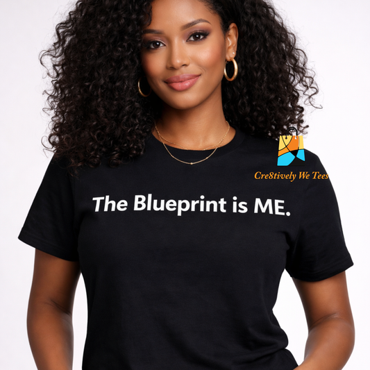 Woman wearing a black t-shirt with 'The Blueprint is ME.' text and a visible brand logo.