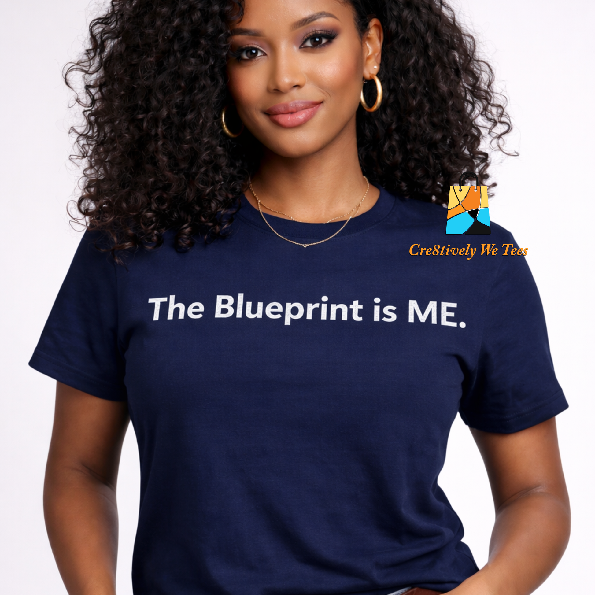 Woman wearing a navy blue t-shirt with 'The Blueprint is ME.' text on a white background