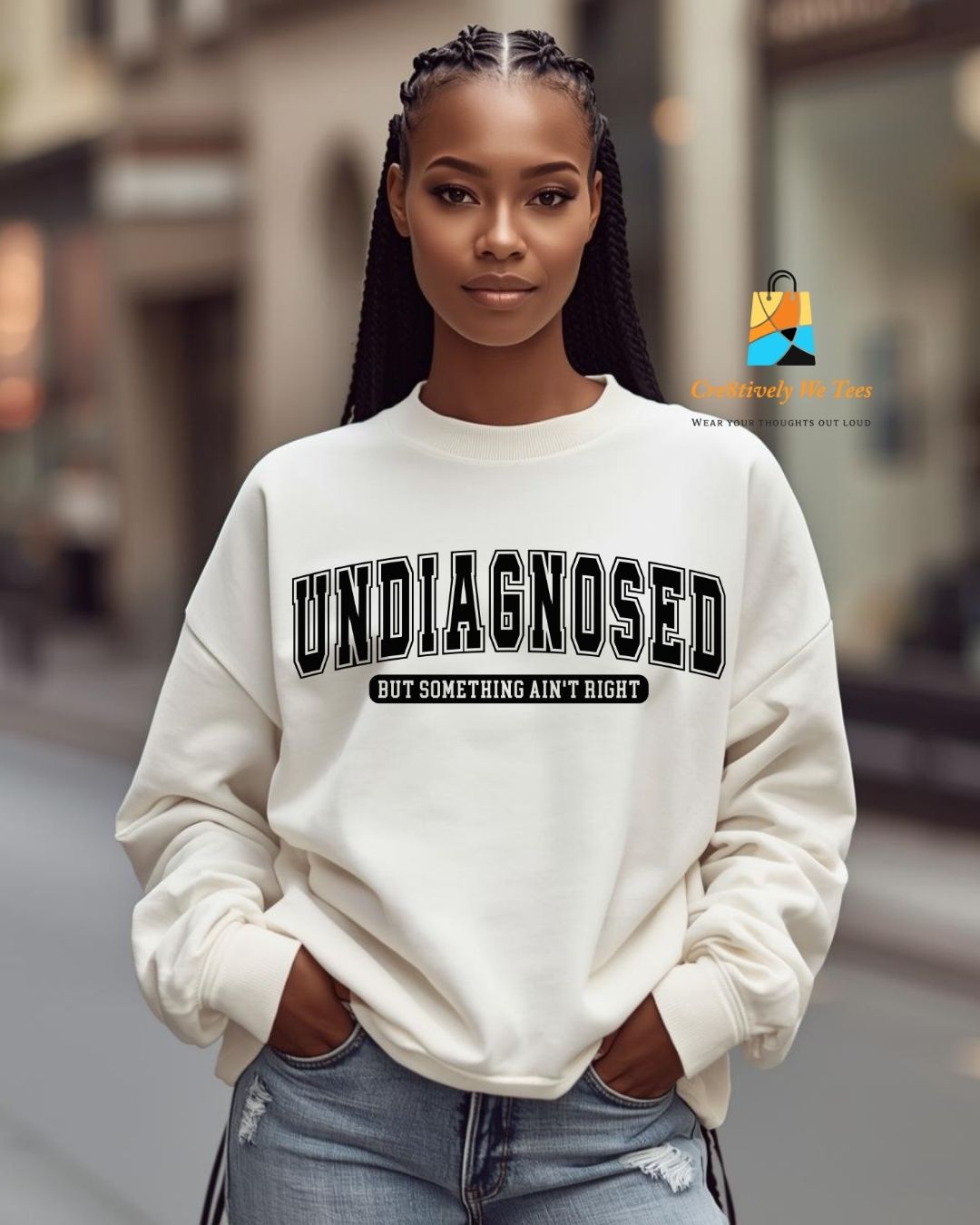 Person wearing a white sweatshirt with 'undiagnosed' text in an urban setting