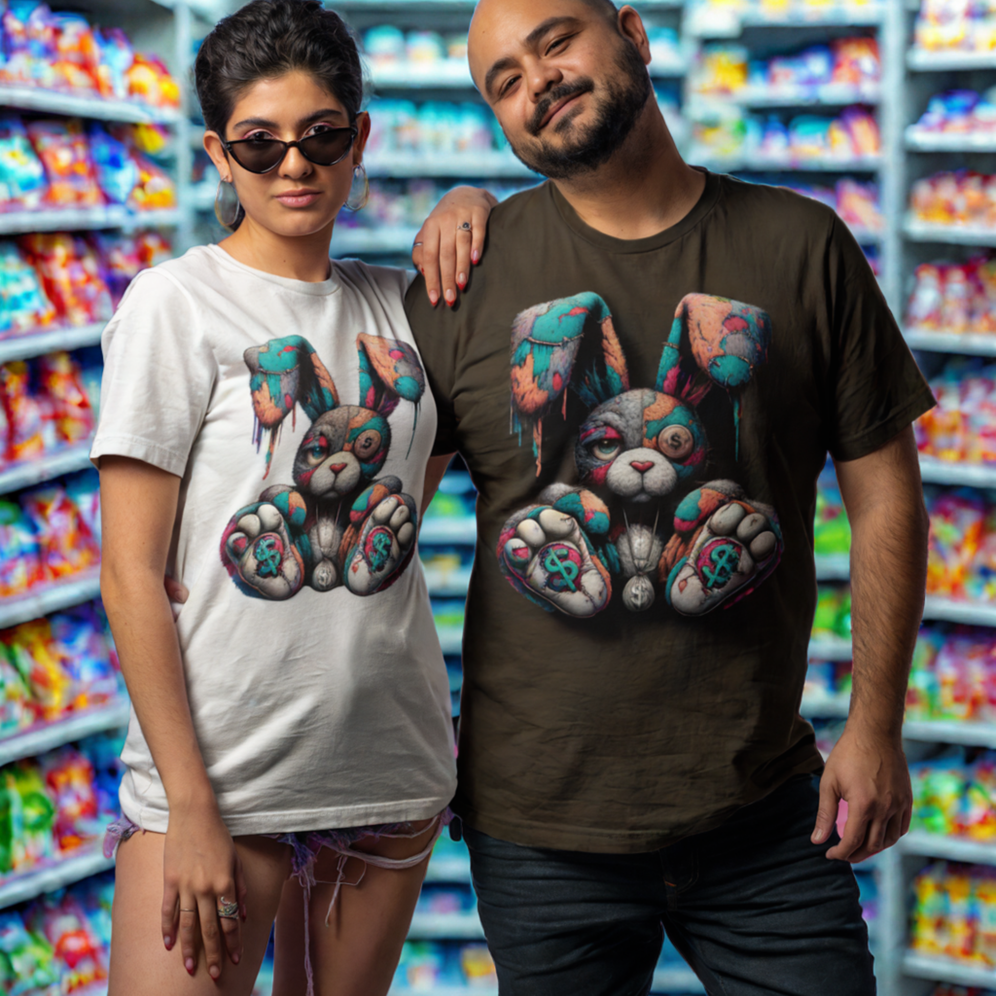 Woman wearing white Money Bunny Street Style Unisex Graphic Tee with colorful dripping cartoon bunny and urban streetwear vibe, the man next to her wears a black t-shirt with the same graphic design.
