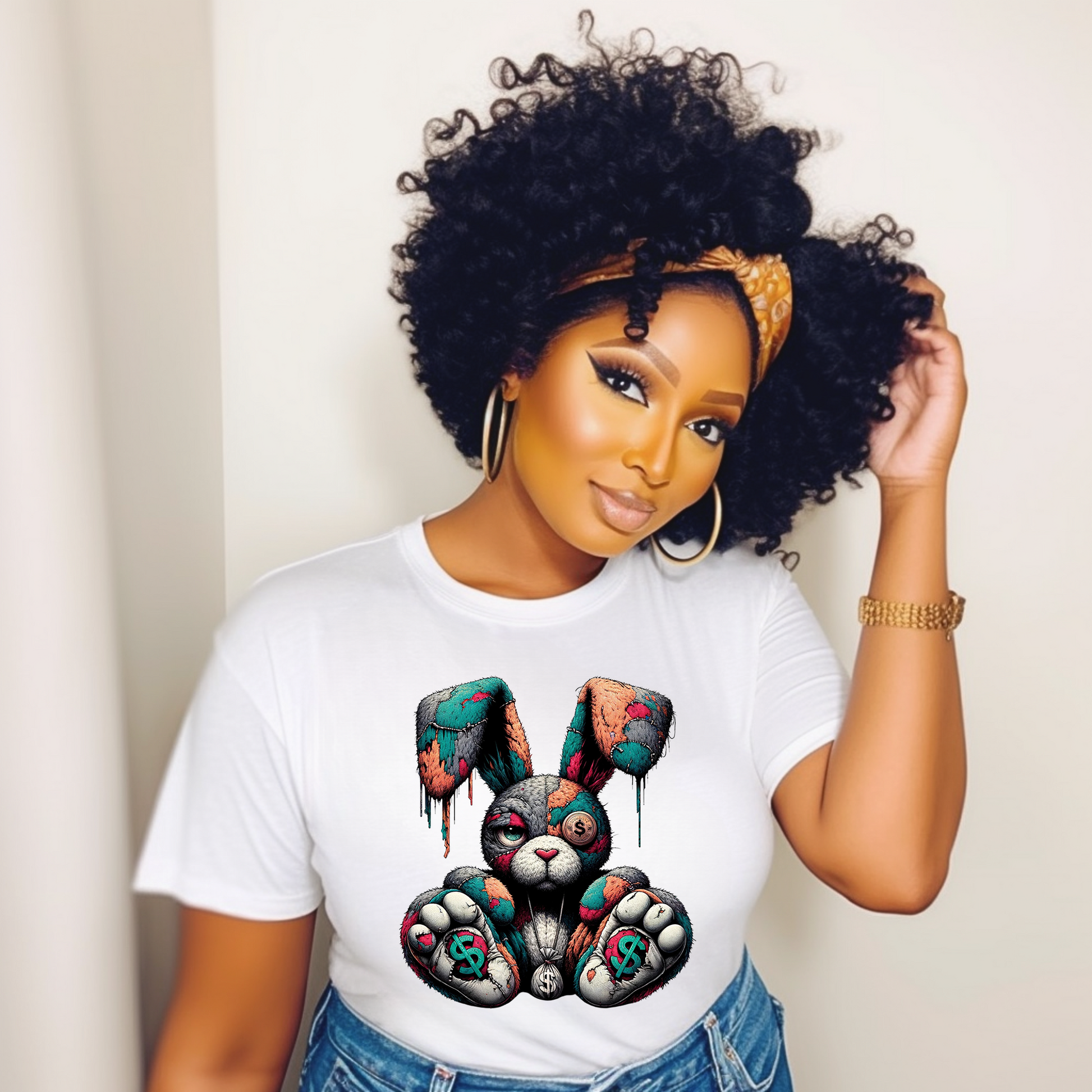 Woman wearing white Money Bunny Street Style Unisex Graphic Tee with colorful dripping cartoon bunny and urban streetwear vibe.