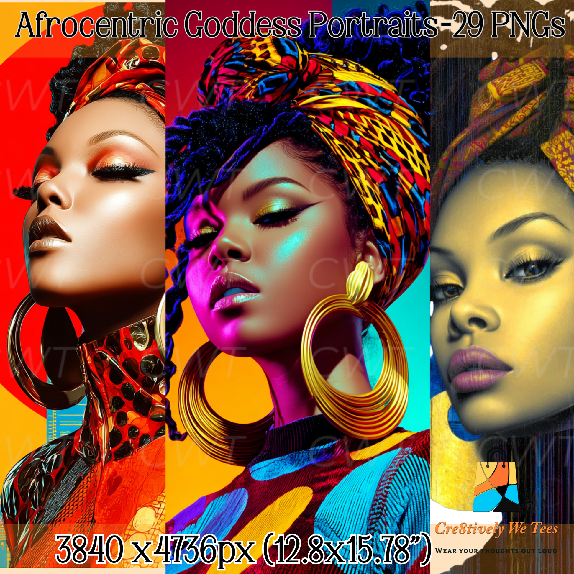 A three-panel mockup featuring vibrant Afrocentric goddess portraits with bold headwraps, glowing melanin, and large gold earrings. Text reads “Afrocentric Goddess Portraits – 29 PNGs” with image dimensions displayed at the bottom.