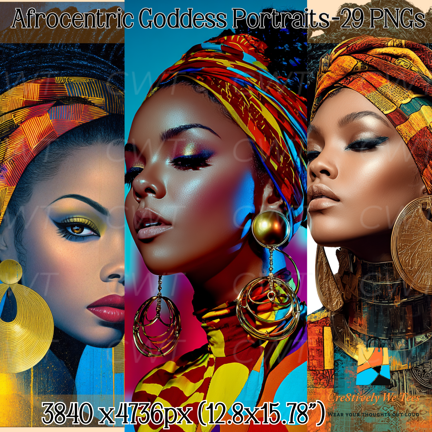 A colorful display of three Afrocentric digital portraits showcasing bright headwraps, metallic earrings, and rich melanin tones. Header text says “Afrocentric Goddess Portraits – 29 PNGs” with product dimensions listed at the bottom.