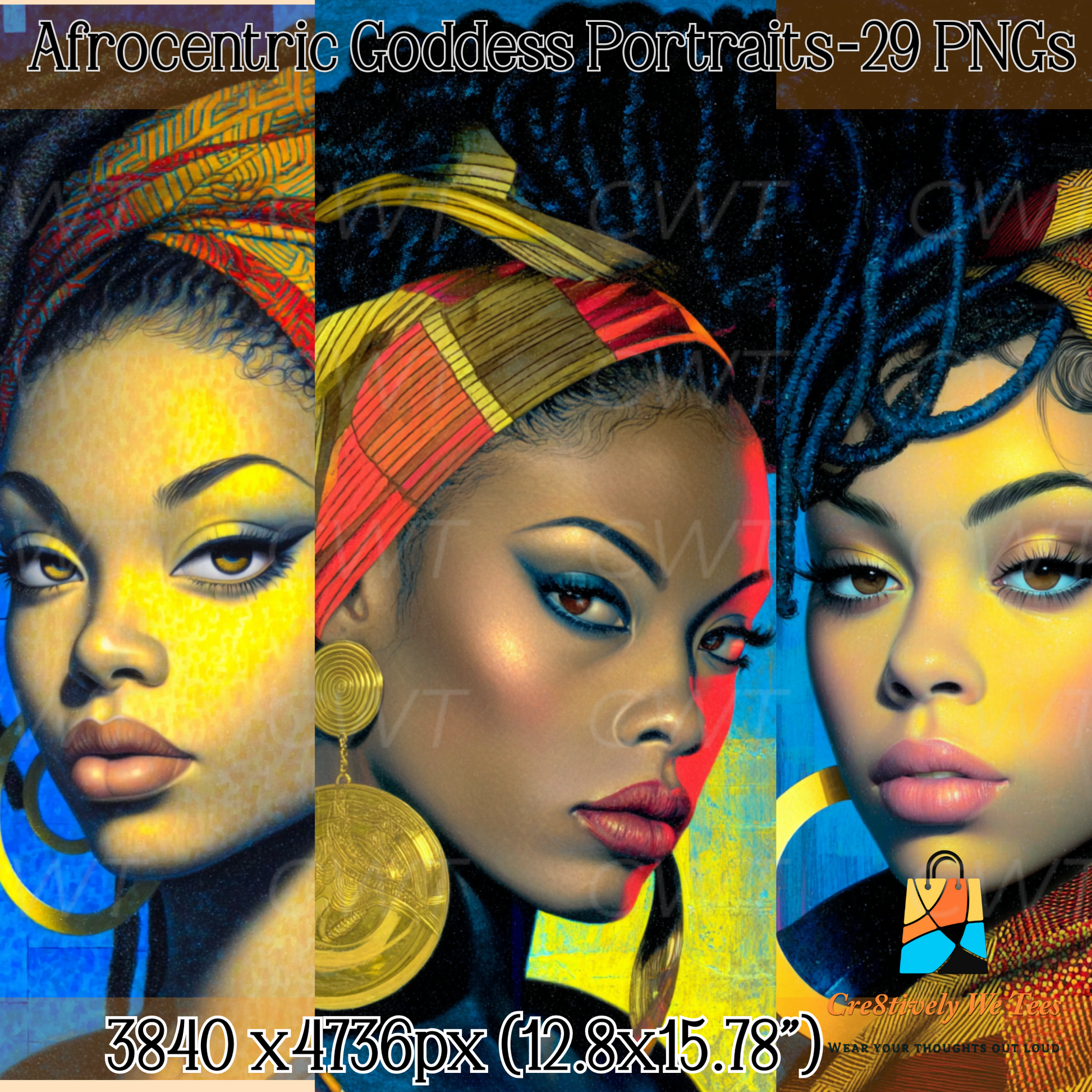 A trio of Afrocentric portraits with textured backgrounds, vivid headwraps, and gold accessories. The mockup includes the title “Afrocentric Goddess Portraits – 29 PNGs” and the image size specifications along the bottom.