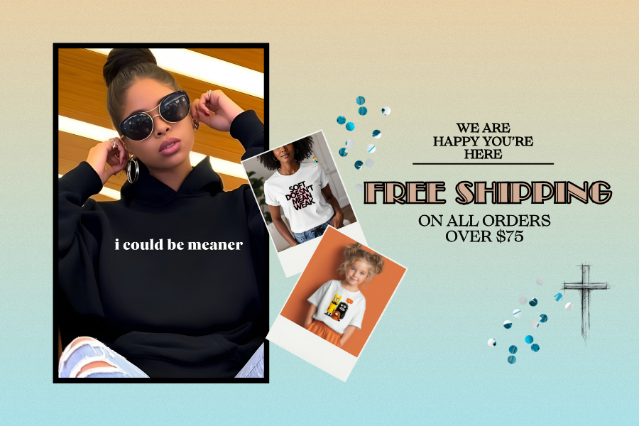 African American woman in black hoodie and sunglasses with Polaroid-style photos of custom t-shirts, featuring a "Free Shipping over $75" promotion for Cre8tively We Tees.