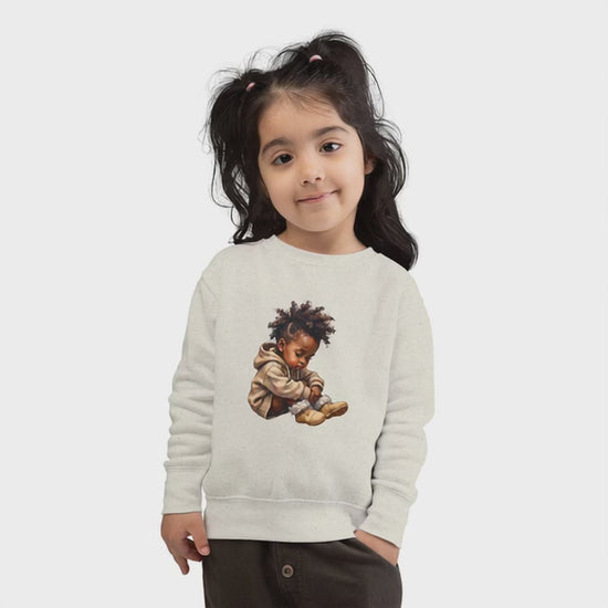 Video mockup of Cute little girl wearing cream colored sweatshirt with image of another little girl sitting comfortably